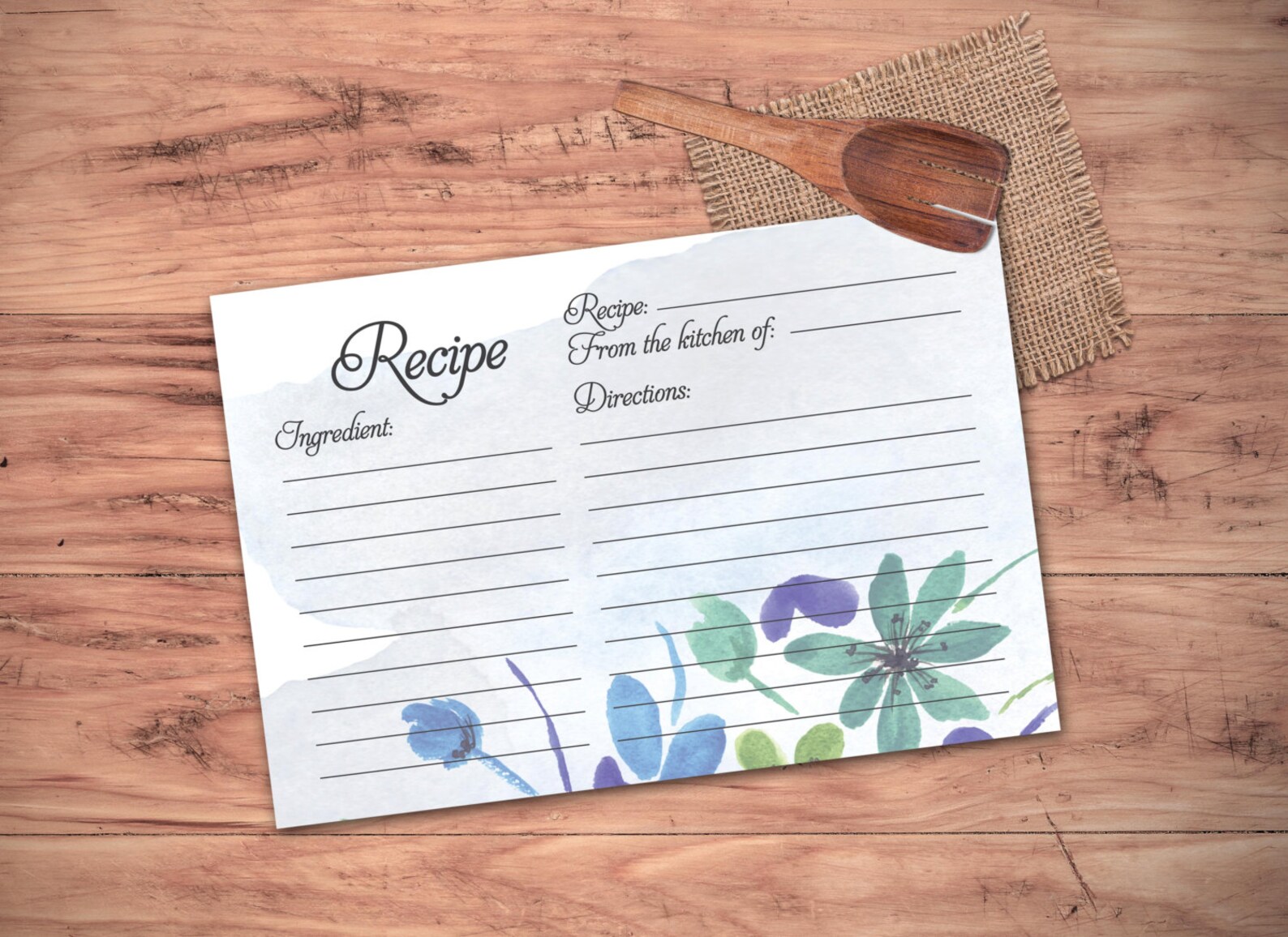 Bridal Recipe Card Printable. Instant Download Recipe Card. Watercolor Floral Recipe Card. - Etsy