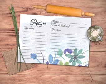 Bridal Recipe Card Printable. Instant Download Recipe Card. Watercolor Floral Recipe Card.