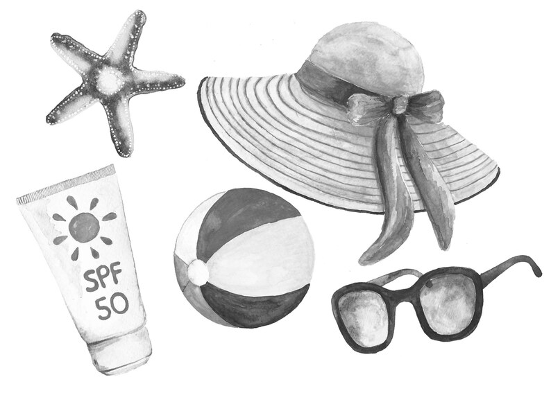 Summer & Beach Black and White Watercolor Clipart, Summer Clip Art