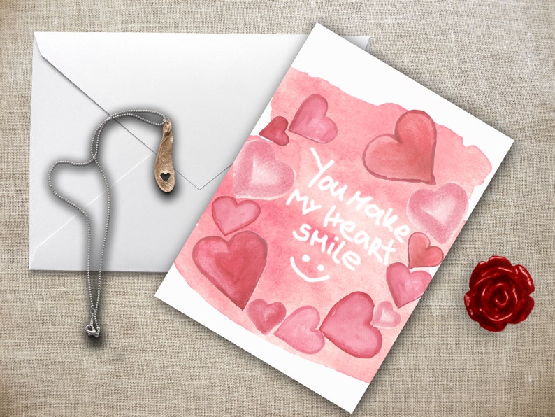 Valentine Card Red Heart, Romantic Card Printable, Watercolor Love Card ...