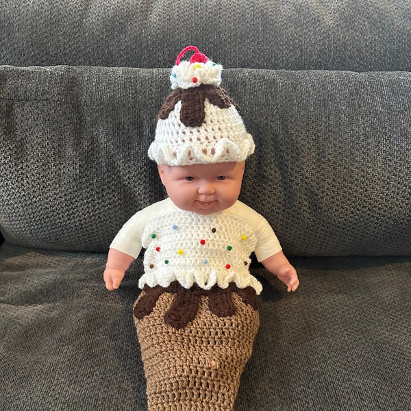 Crochet NB (0-1 Month) Ice Cream Cone Cocoon Set, Photo Prop, Baby Gift, Costume