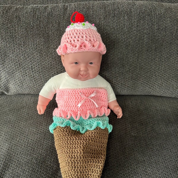 Crochet NB (0-1 M) Baby Ice Cream Cone Cocoon Set, Baby Gift, Photo Prop, Costume