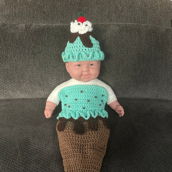 Crochet NB (0-1 Month) Baby Ice Cream Cocoon Set, Baby Gift, Photo Prop, Costume, Ice Cream Sundae