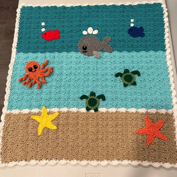 Crochet NB Baby Sea Creature Blanket, Sea Turtle Blanket, Baby Gift, Play Mat