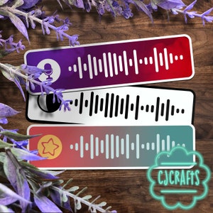 May include: Three rectangular stickers with different colored backgrounds and a barcode design. The top sticker is purple and red with a microphone icon. The middle sticker is white with a black barcode. The bottom sticker is red and blue with a star icon. The stickers have the text "CJCRAFTS" in a white cloud with a neon green outline.