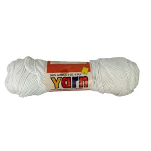 May include: A skein of white yarn with a label that reads "Yarn" in red letters. The label also states "100% Acrylic 4 oz. - 4 Ply" and "Knitting Worsted Weight". The yarn is tightly wound and ready for crafting projects.