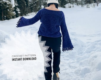 Patrón de suéter de crochet, patrón de crochet para principiantes con mangas acampanadas, mangas de ángel de crochet, patrón de top de manga acampanada de crochet fácil con encaje