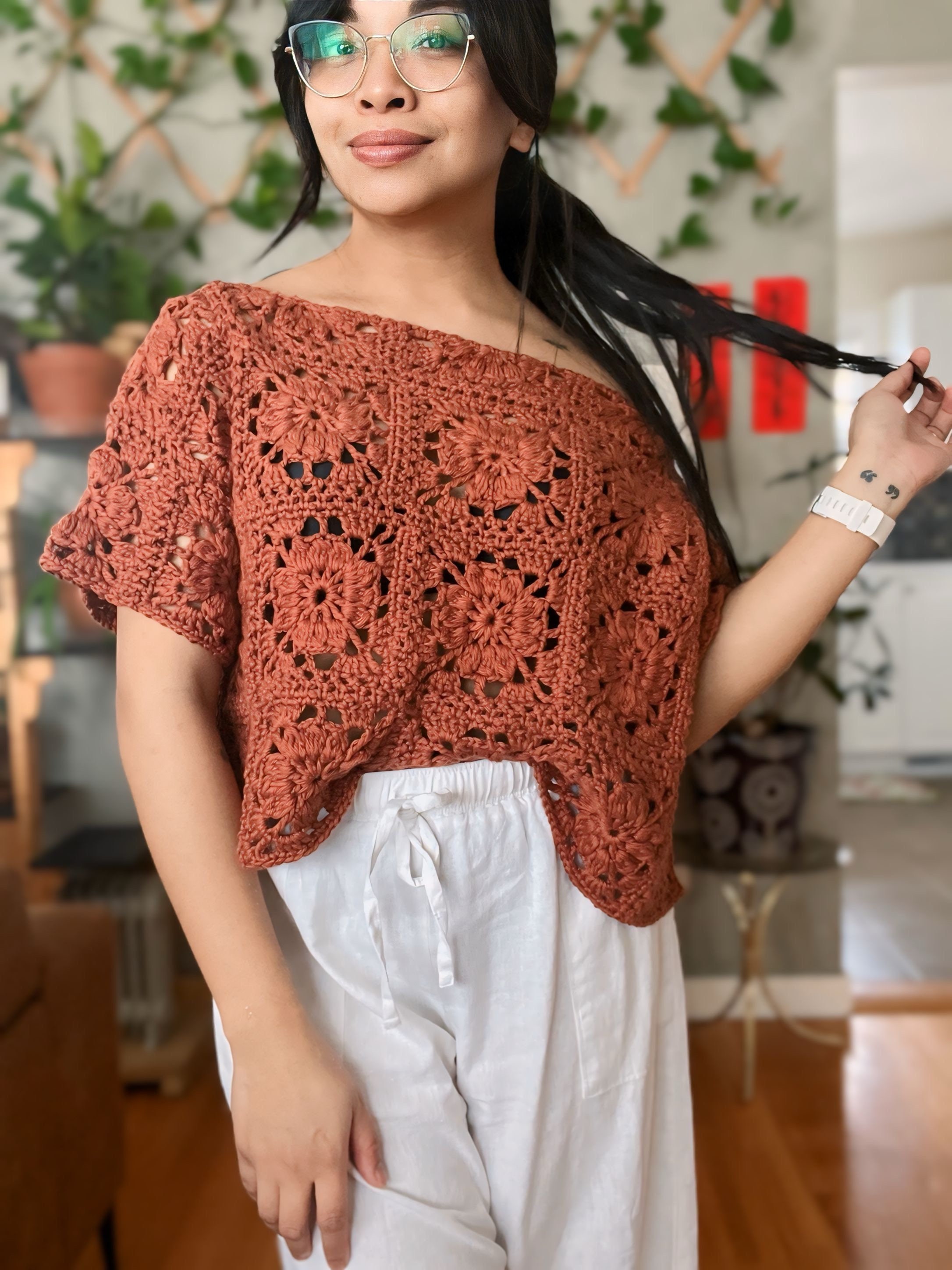POL Clothing Women's Crochet Mesh Knit Boat Neck Top with