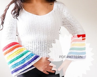 Crochet Top Pattern, Pride Month, Rainbow Top Pattern, Long Sleeve Top, Cute Crochet Top, Crochet Festival Top, Crochet Bell Sleeve, Stripes