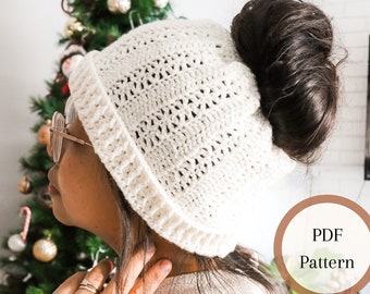 Crochet Messy Bun Beanie Pattern, Ponytail Beanie Pattern, Winter Hat with Bun Hole, Crochet Hat Pattern,  Ponytail Hat Crochet Pattern