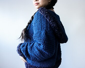 Crochet Sweater Pattern with Hood, Chunky Sweater Pattern, Easy Crochet Top, Cozy Oversized Sweater PDF,  Wool Women's sweater with faux fur