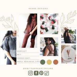 May include: A collage of images showcasing crochet, knit, and embroidery projects. The images feature a woman wearing a crocheted top and pants, a crocheted sushi ornament, a crocheted top with a back cutout, and an embroidered hoop with the text "Make it yours". The collage also includes a color palette of green, yellow, and brown.