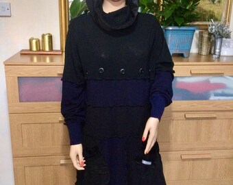 XL Black woollen tunic/dress with hood (patchwork, gothic )