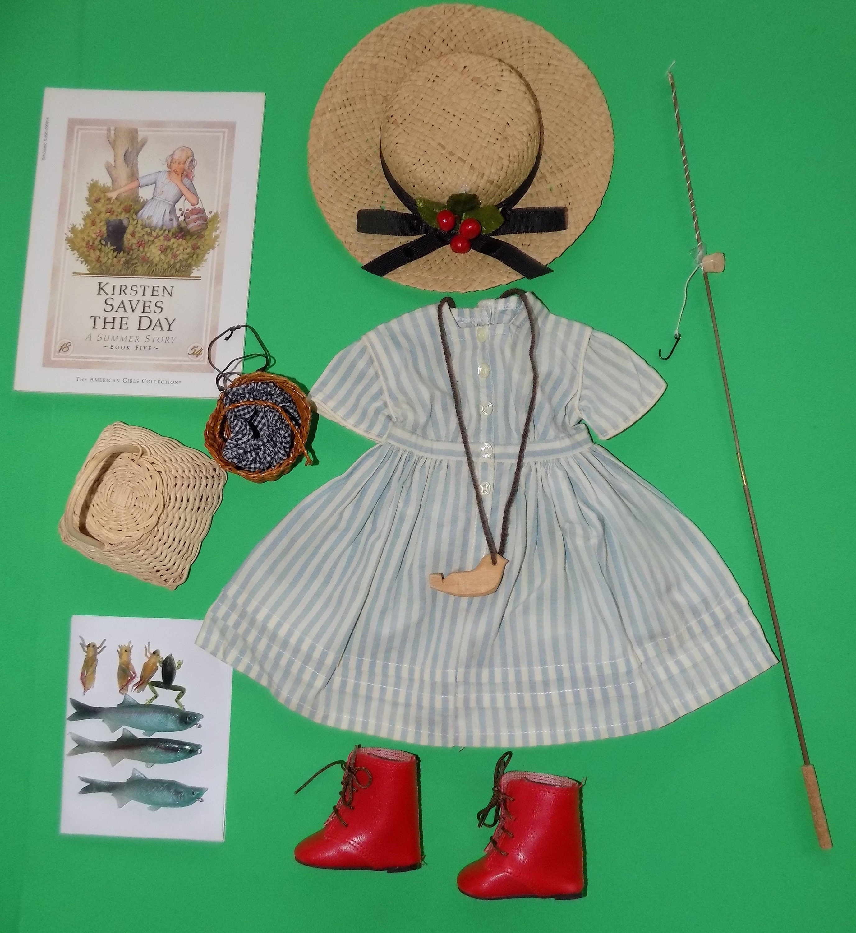 EARLY 1st Release Pleasant Company Kirsten Summer Fishing Set American Girl  Outfit Dress Hat Boots Whistle Fish Bait Baskets Book 
