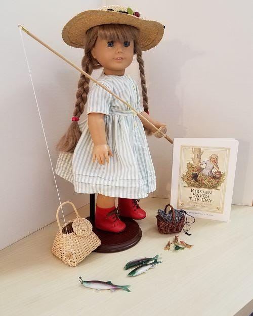an american girl doll fishing pole EARLY LNIB FIRST Version Kirsten Summer Fishing Set Pleasant Company  American Girl Doll Baskets Fish Bait Pole