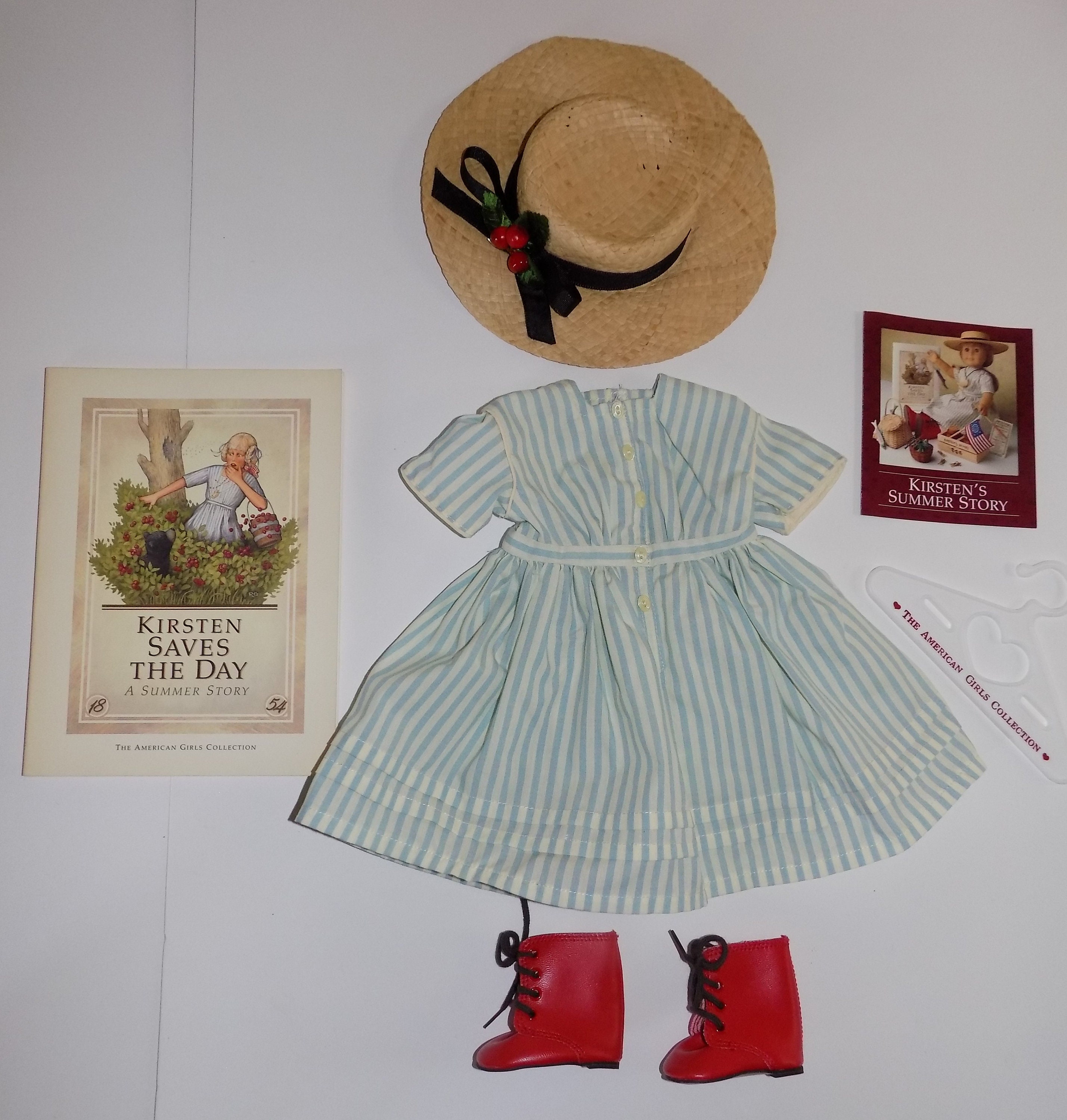 Pleasant Company 1996 Kirsten Summer Fishing Outfit American Girl Dress Hat  Boots Book and Pamphlet EUC 