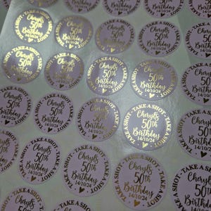 Personalised Foiled Birthday Stickers, Take A Shot Design, 37mm, Any age and name