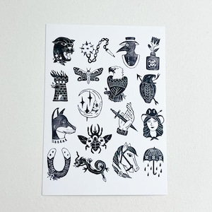 May include: Black and white illustration sheet with 16 different images. The images include a panther, a butterfly, a tower, a crescent moon, a dog, a beetle, a horseshoe, a dragon, a bird, a plague doctor, a woman with a hat, a sword, an umbrella, and a horse.