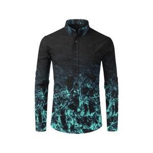 Windy Nite - Men&#39;s Casual Dress Shirt - blue green black geometric gradient swirl - men&#39;s blue dress shirts-men&#39;s turquoise shirts-blue tops