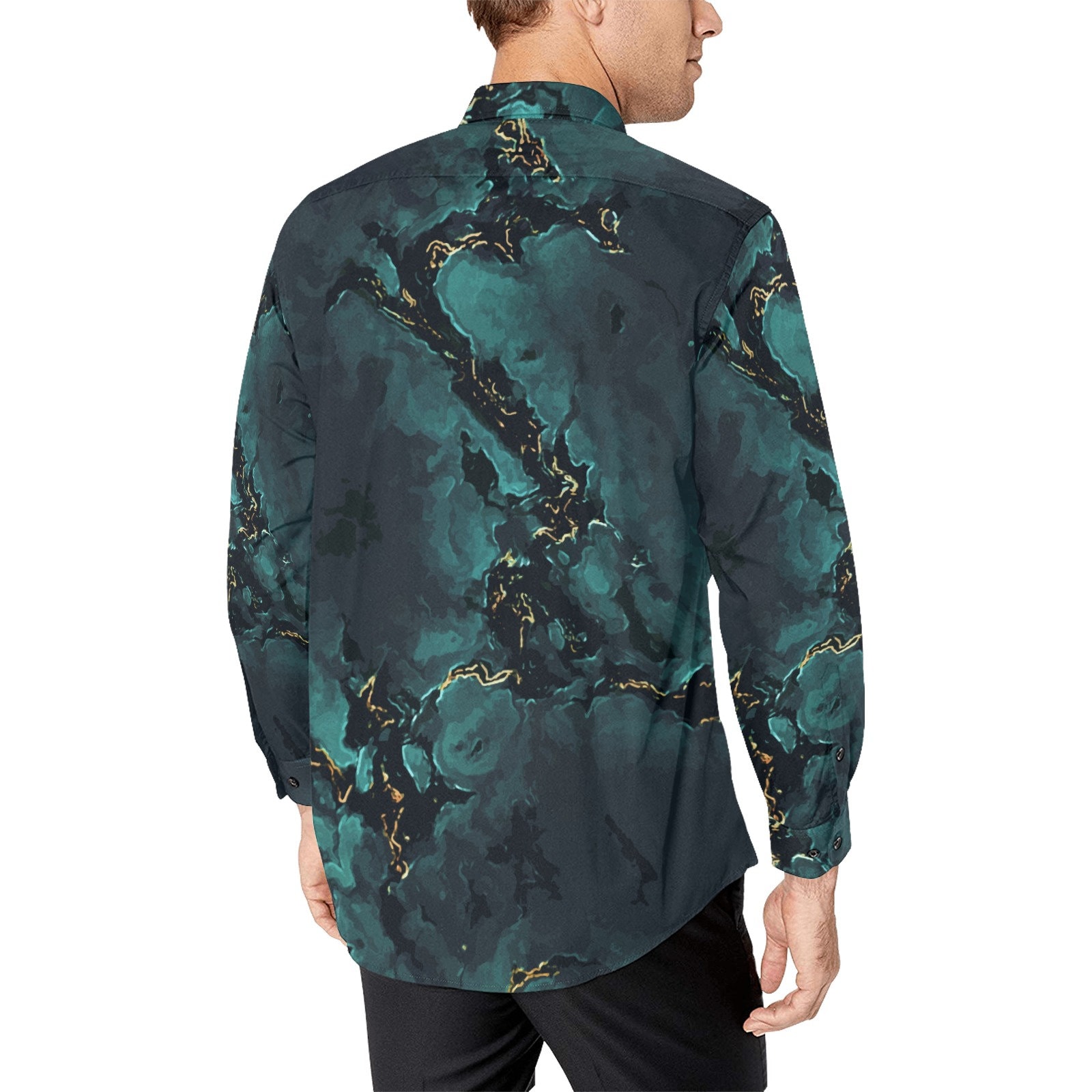 Turquoise Crystal - Men's Casual Dress Shirt: Poly Viscose Spandex - Blue Green Gold Black Marble
