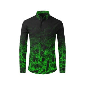 May include: A black long-sleeved button-down shirt with a green and black abstract flame pattern.