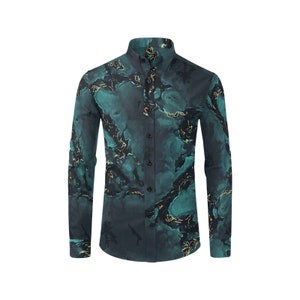 Turquoise Crystal - Men's Casual Dress Shirt - turquoise green blue black gold smokey marble pattern - green dress shirts-gold green shirts