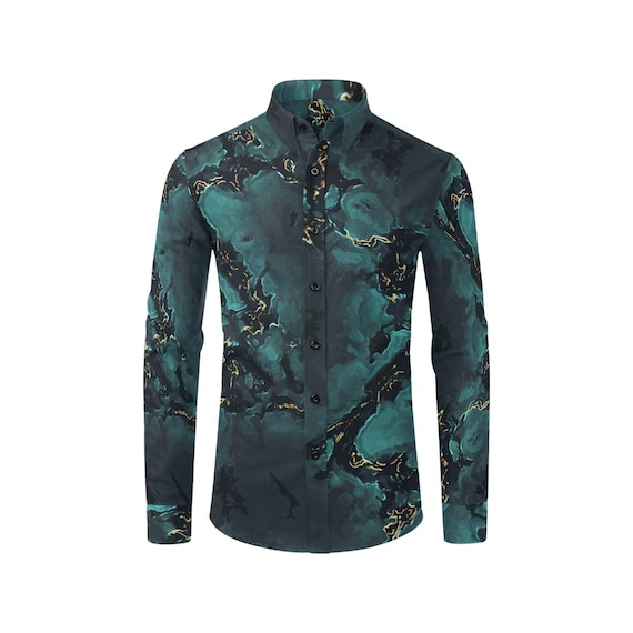 Turquoise Crystal - Men's Casual Dress Shirt: Poly Viscose Spandex - blue green gold Black marble