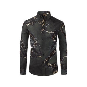 Broken Chains of Gold - Men's Casual Dress Shirt -  black white gold slight beige brown marble pattern - gold white dress shirt-marble shirt