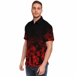 Red Nite - Men&#39;s Short Sleeve Button Down Shirt - red and black polygon geometric gradient swirl - men&#39;s red and black short sleeve shirt