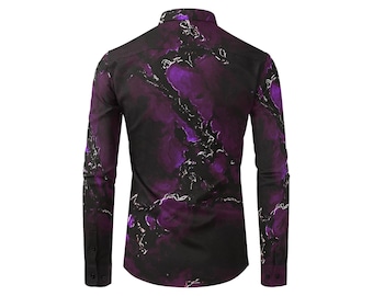 Camisa informal para hombre Royal Indigo Marble: poliéster, viscosa y elastano, color morado, dorado, negro y blanco.