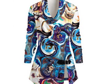 Graffiti Blue - Women's Draped Long Sleeve Top: Poly Spandex - blue tan red multicolor spirals