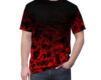 Red Nite - Camiseta unisex de corte y costura: camiseta de poliéster - remolinos geométricos degradados en negro escarlata