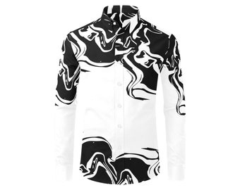 Black Swirl Therapy - Men&#39;s Casual Dress Shirt - black paint splatter swirl design - black and white men&#39;s dress shirts-white dress shirts