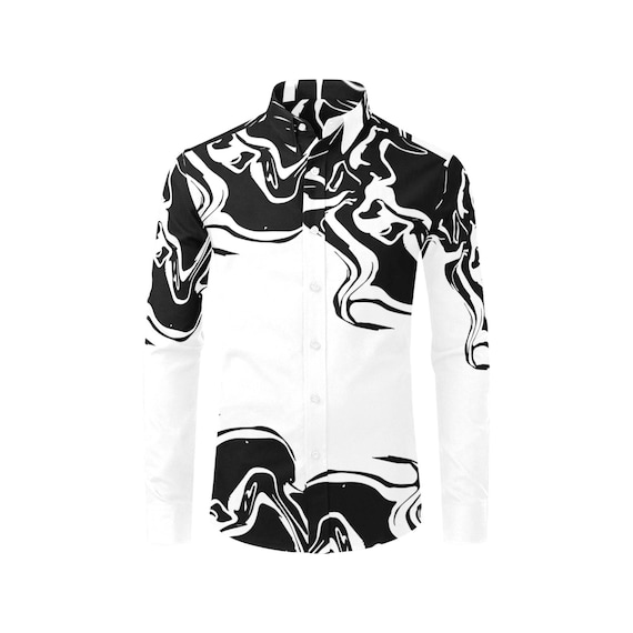 Black Swirl Therapy - Men's Casual Dress Shirt: Poly Viscose Spandex - white button up