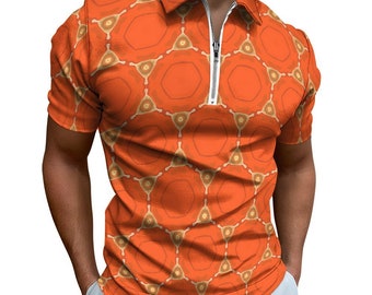 Heated Hay Pulse Shield – Herren-Kurzarm-Reißverschluss-Polo – Orange, Gelb, Gold, Braun, Beige, Weiß, sechseckiges Muster – Orangefarbene Herren-Reißverschluss-Poloshirts