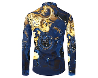 Könnte beinhalten: Ein langärmliges Hemd mit einem abstrakten Wirbelmuster in Blau und Gold.