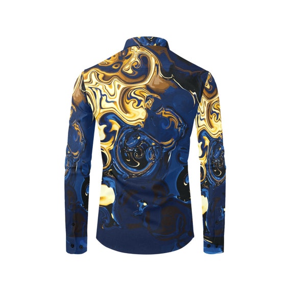 Shiny Bed of Gold Coins - Men's Casual Dress Shirt: Poly Viscose Spandex - blue tops