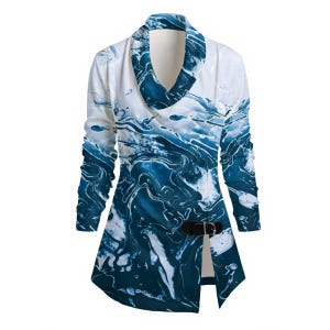 Liquid Arctic - Women's Draped Long Sleeve Top: Poly Spandex - blue white black gradient swirls image 1