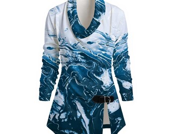 Liquid Arctic - Top drapeado de manga larga para mujer: poliéster y elastano - Remolinos degradados en azul, blanco y negro