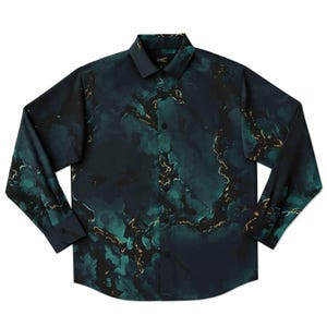 Turquoise Crystal - Men&#39;s Long Sleeve Button Down Shirt - turquoise blue green black gold white marble pattern - men&#39;s green button shirts