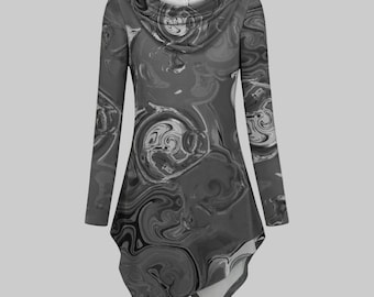 Gray Chrome - Women's Asymmetric Hem Hoodie: Poly Spandex - grey white black abstract spirals