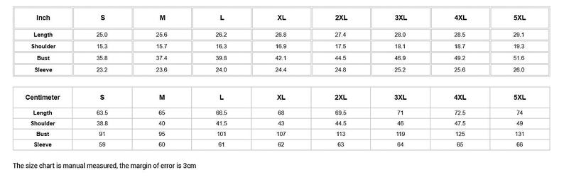 May include: A size chart showing garment measurements in inches and centimetres. Sizes range from S to 5XL, with measurements for length, shoulder, bust, and sleeve. The text reads: "The size chart is manual measured, the margin of error is 3cm."