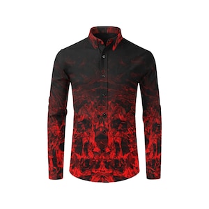 Red Nite - Men's Casual Dress Shirt - red black gradient triangle swirl pattern - black dress shirts-red shirts-black tops-black button up