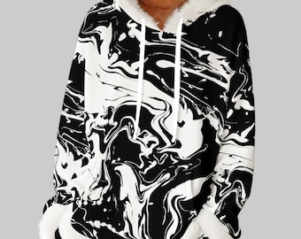 Black and White Swirls - Women's Pullover Fleece Hoodie with Decorative Trim - black and white abstract swirls - black and white hoodies