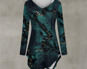 Turquoise Crystal - Women's Asymmetric Hem Hoodie: Poly Spandex - green blue black gold marble