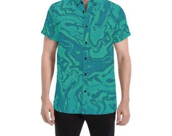 Bravity - Men's Short Sleeve Shirt - slight yellow green blue turquoise swirls - men's green button shirt-turquoise button tops-black button