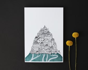 Mountain Town - hoge kwaliteit Art Print - Wall Art - magische - sprookje