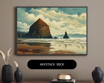 Oregon Haystack Rock DIGITAL Print - Unique Digital Travel Poster Art, Vibrant Coastal Landscape, Perfect Gift for Wanderlust Lovers