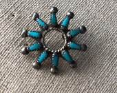 Vintage Native American ZUNI Petit Point Turquoise Sunburst Round Brooch