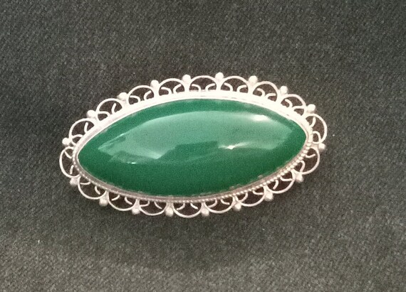 Vintage Sterling Silver with green onyx, filigree… - image 1